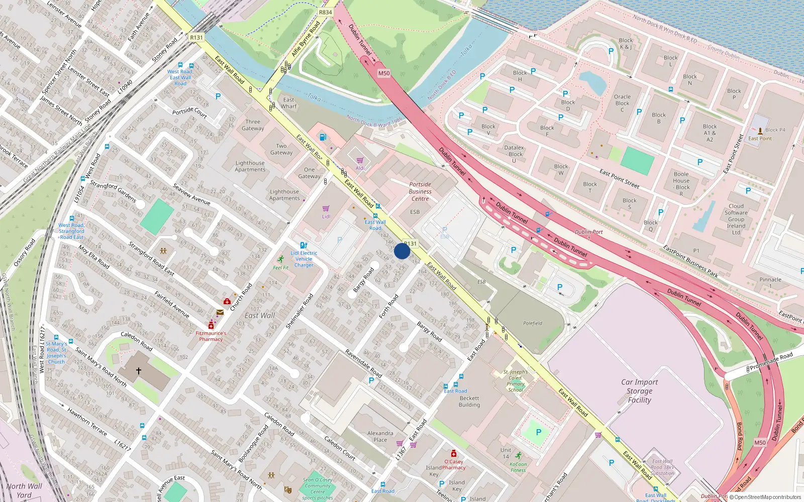 Overhead map showing the location of 154 East Wall Road, Dublin 3, Dublin
