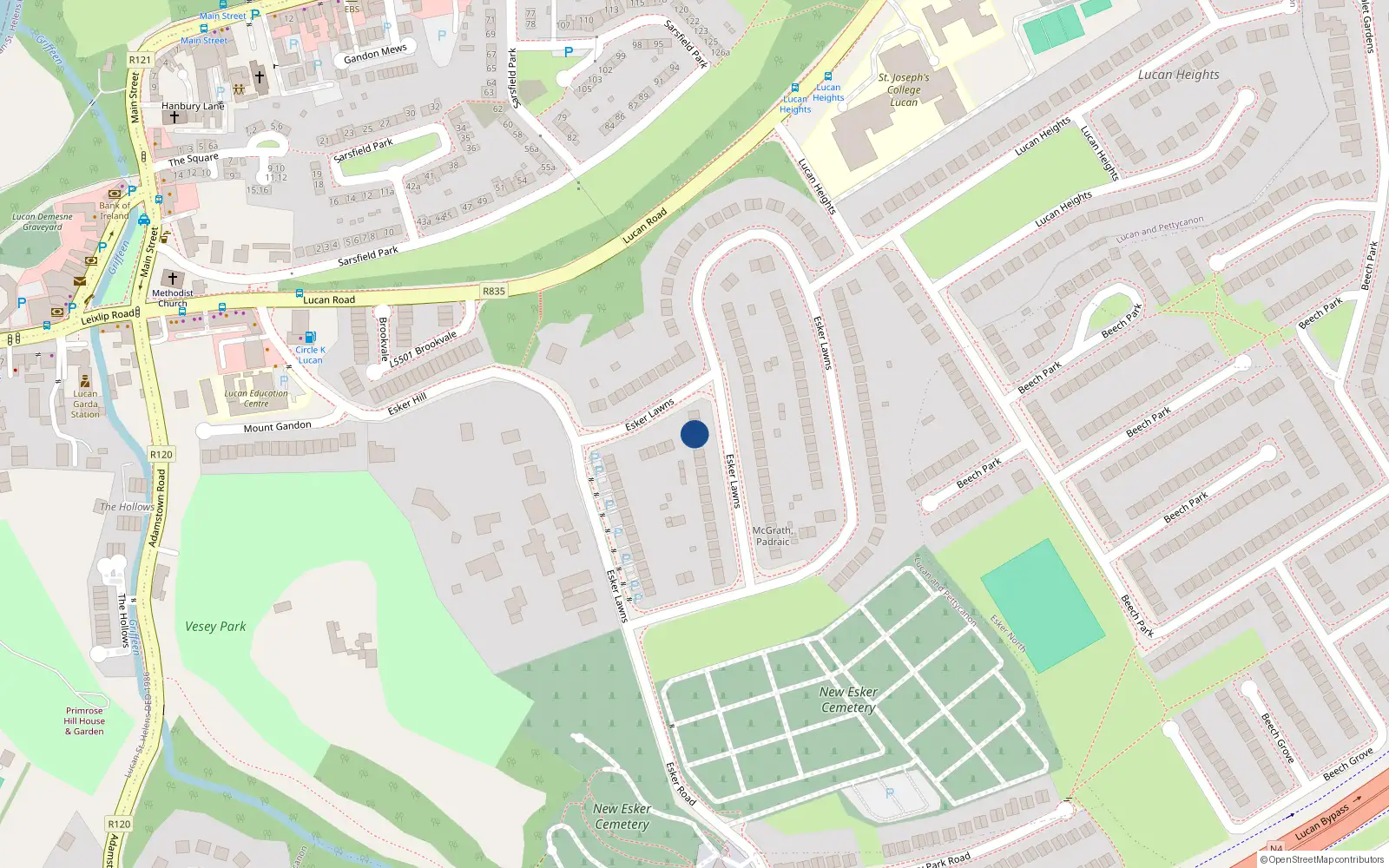 Overhead map showing the location of 154 Esker Lawns, Lucan