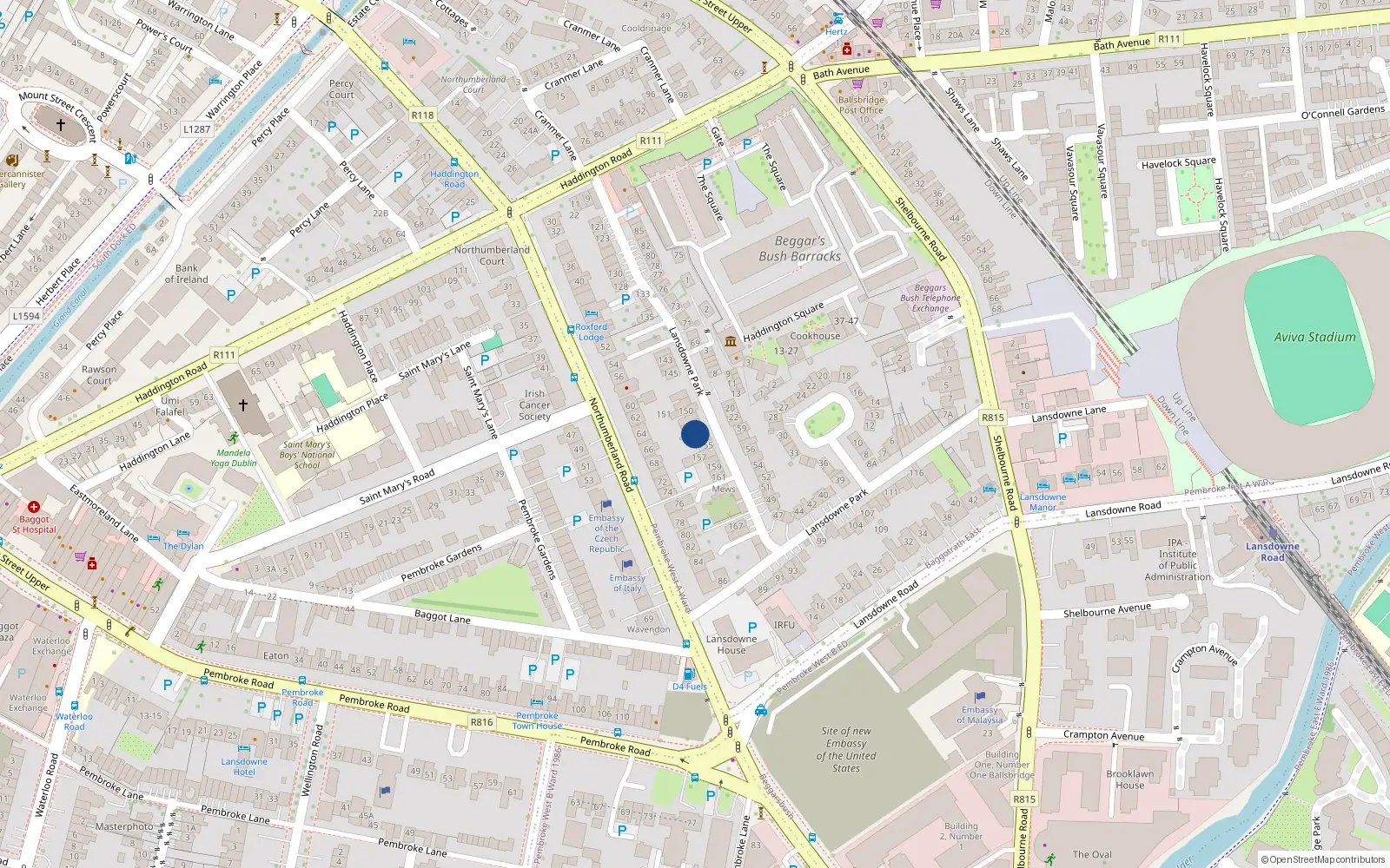 Overhead map showing the location of 154 Lansdowne Park, Dublin