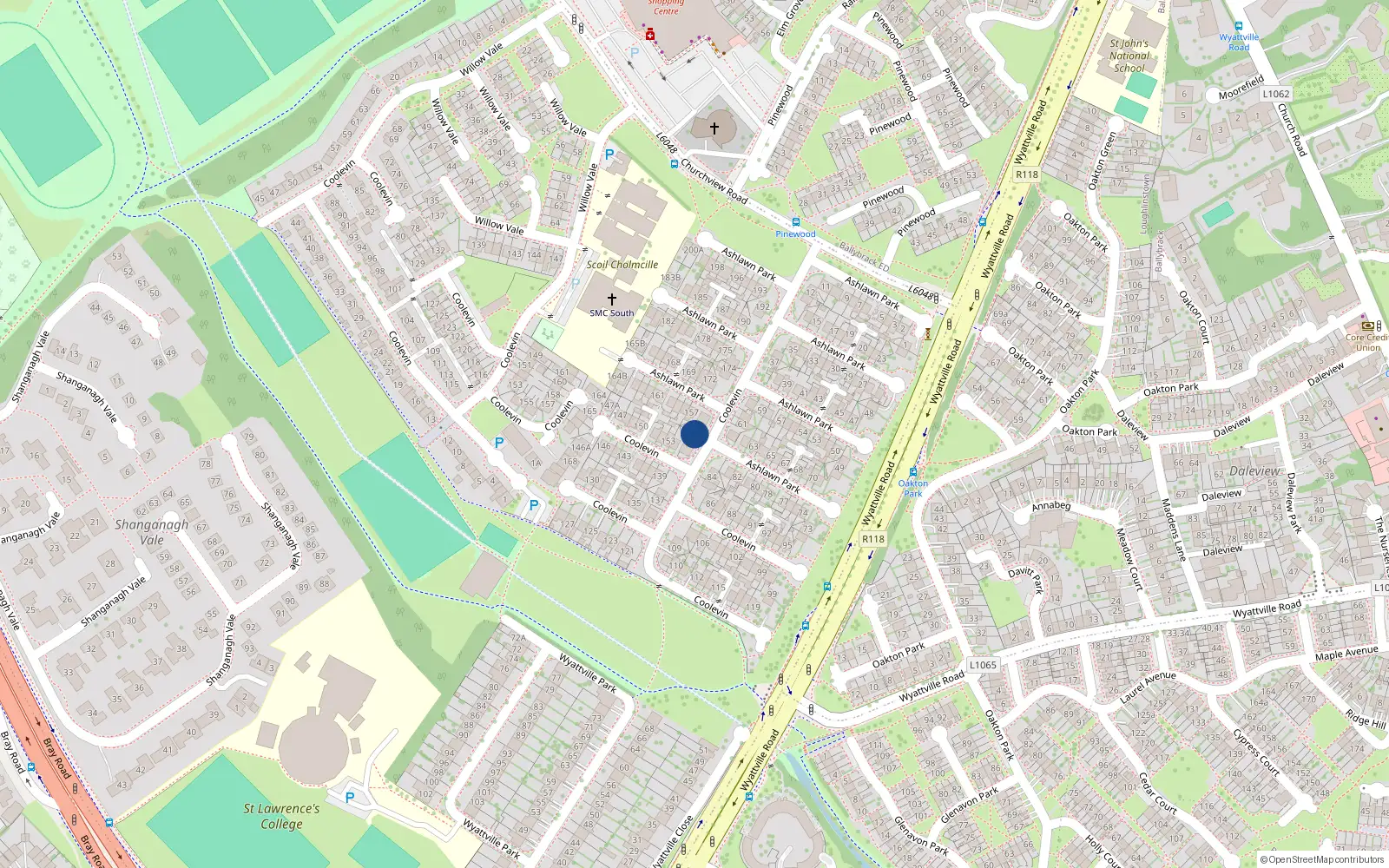 Overhead map showing the location of 155 Ashlawn Park, Ballybrack
