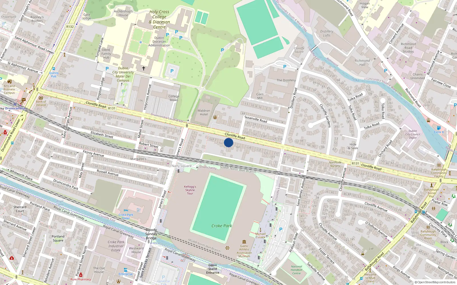 Overhead map showing the location of 155 Clonliffe Road, Apartment 1, Drumcondra