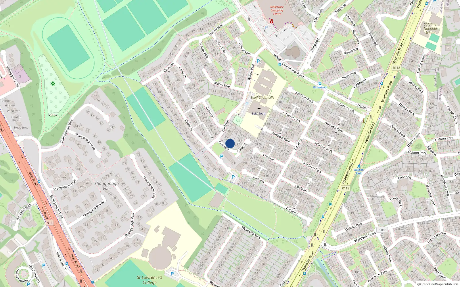 Overhead map showing the location of 155 Coolevin, Ballybrack, Dublin