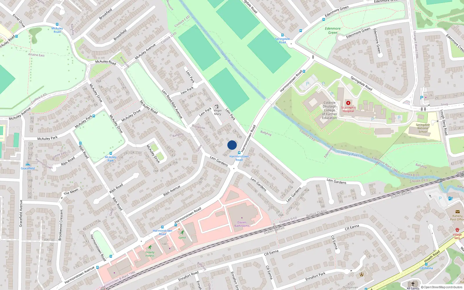 Overhead map showing the location of 155 Harmonstown Road, Dublin 5