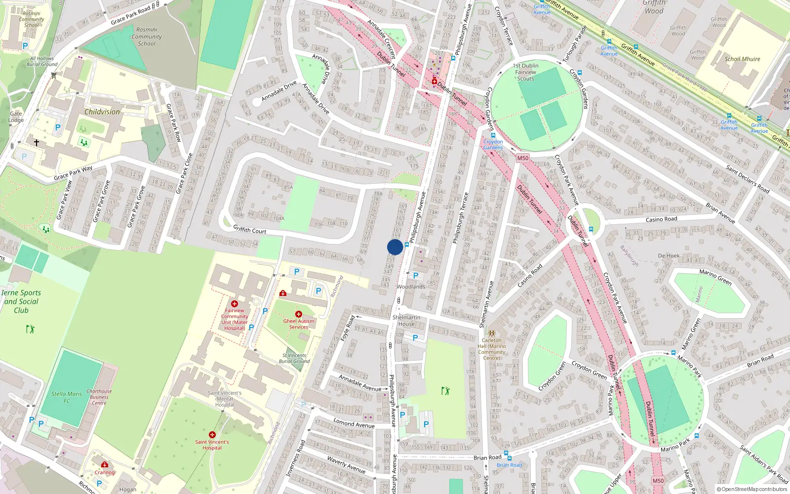 Overhead map showing the location of 155 Philipsburgh Avenue, Dublin 3