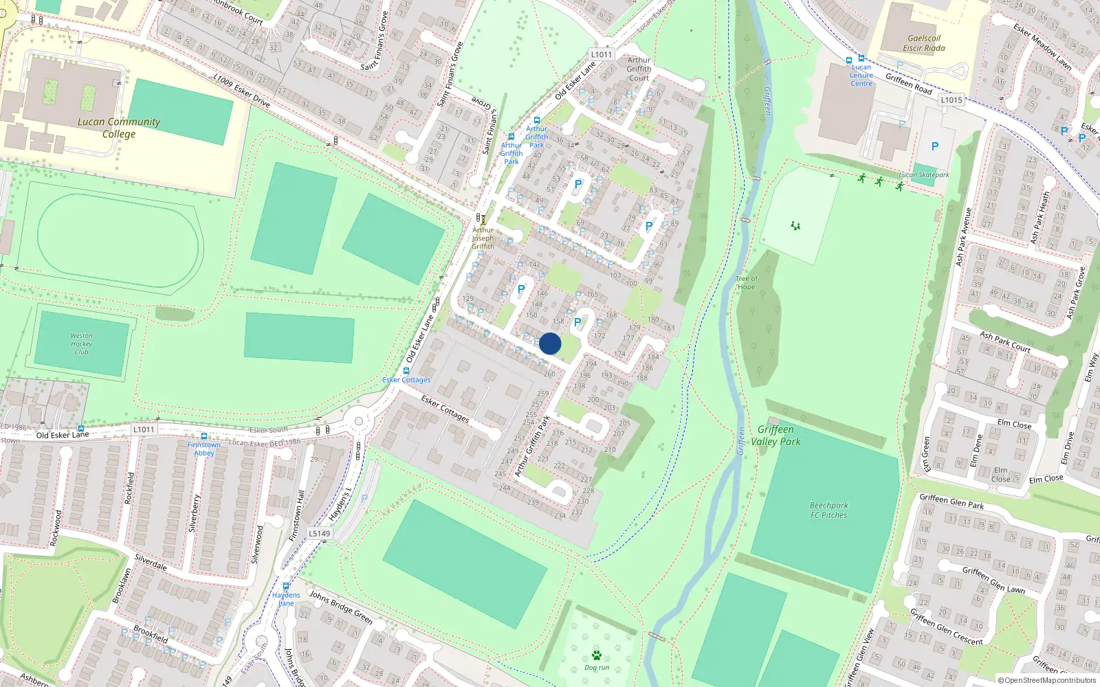 Overhead map showing the location of 156 Arthur Griffith Park, Lucan, Dublin