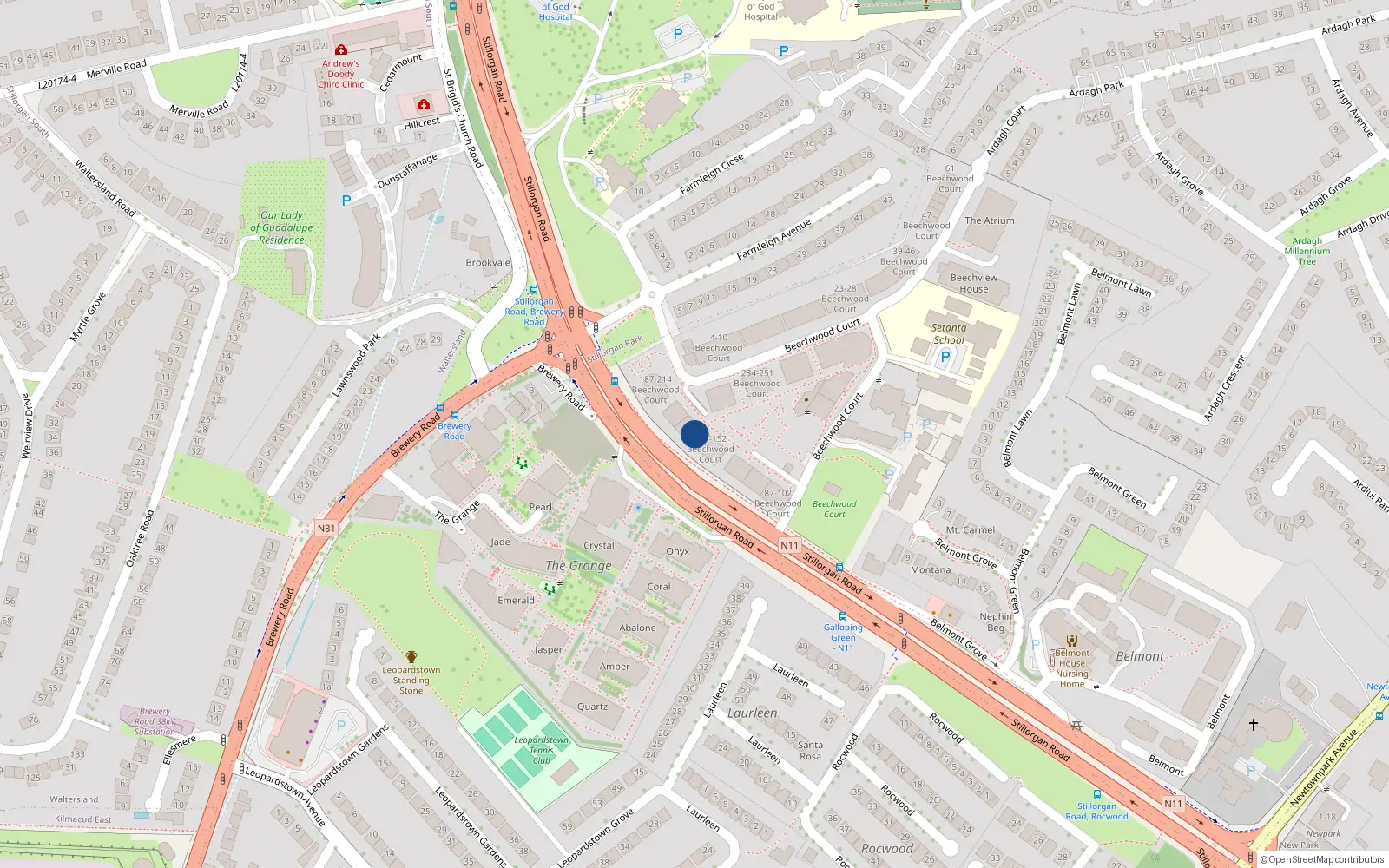 Overhead map showing the location of 156 Beechwood Court, Stillorgan, Dublin