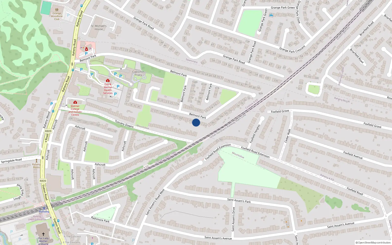 Overhead map showing the location of 156 Belmont Park, Raheny, Dublin 5