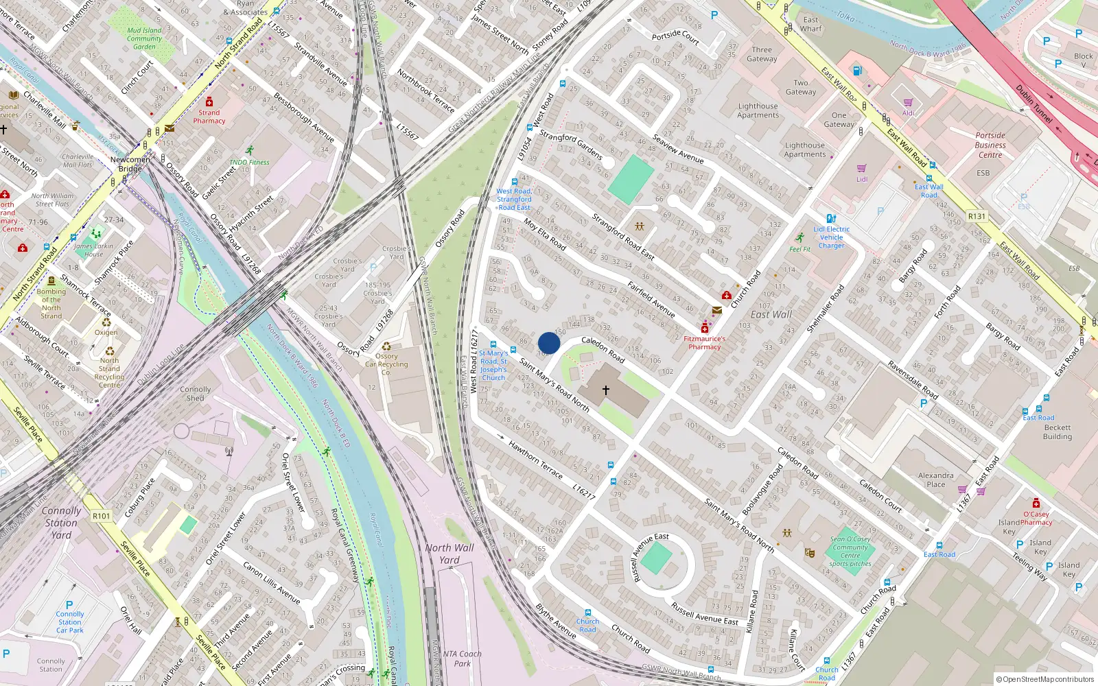 Overhead map showing the location of 156 Caledon Road, East Wall, Dublin 3