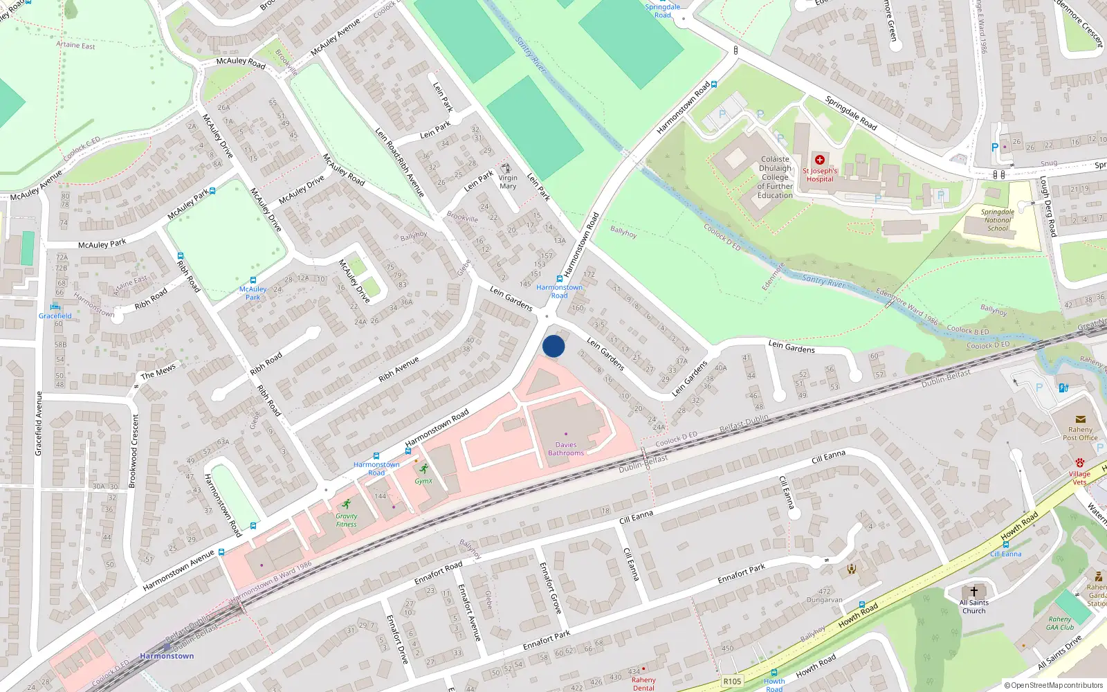 Overhead map showing the location of 156 Harmonstown Road, Dublin 5