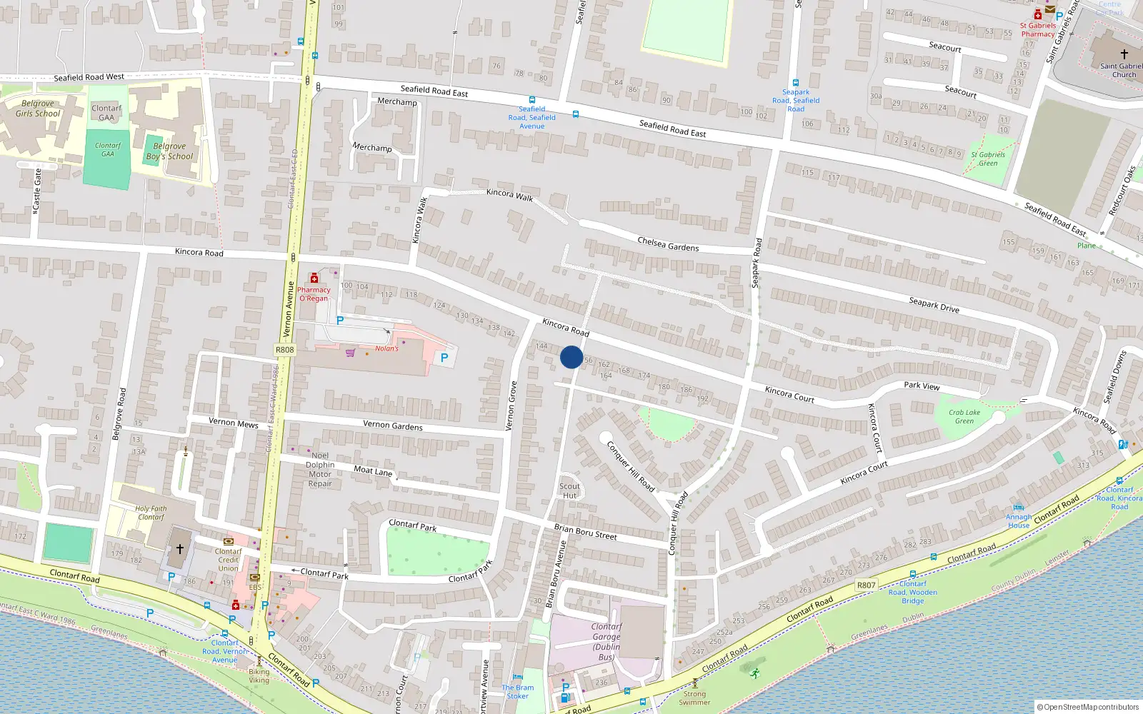 Overhead map showing the location of 156 Kincora Road, Dublin 3