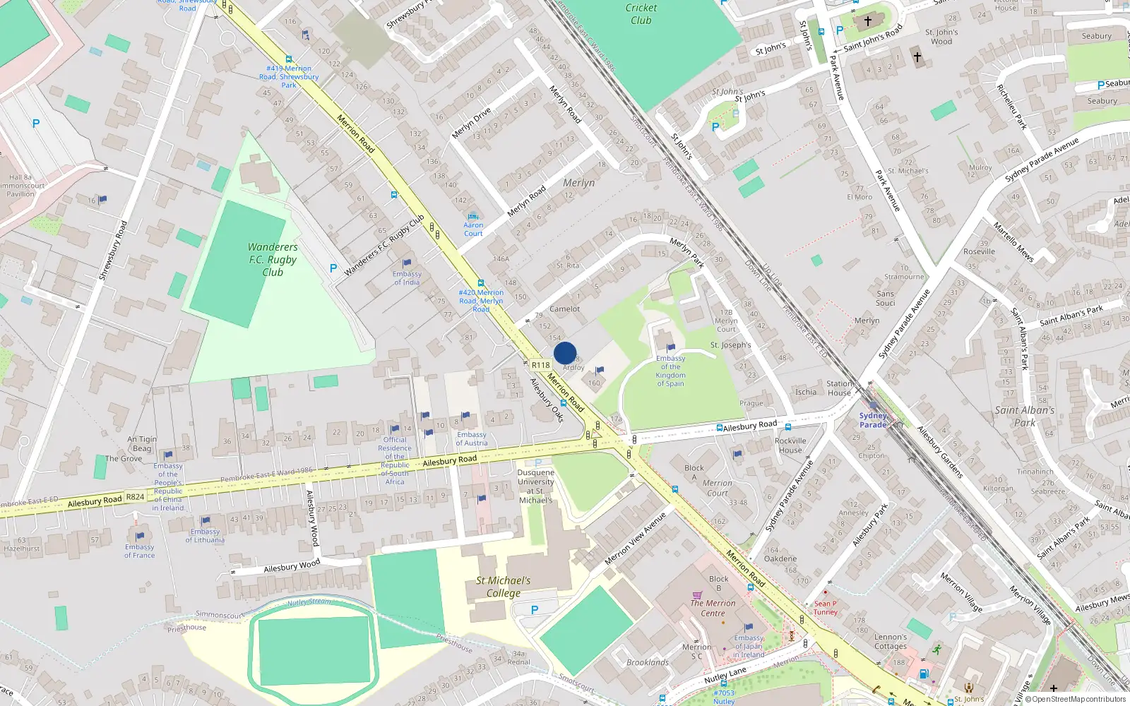 Overhead map showing the location of 156 Merrion Road, Ballsbridge