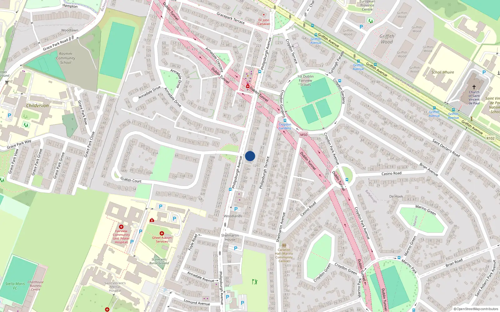 Overhead map showing the location of 156 Philipsburgh Avenue, Dublin 3