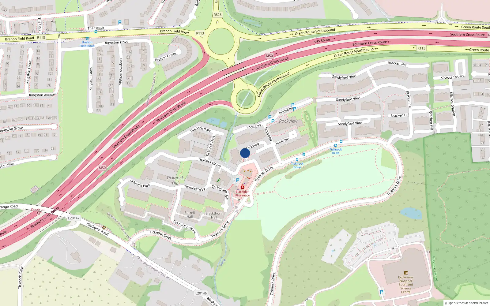 Overhead map showing the location of 156 Rockview, Sandyford