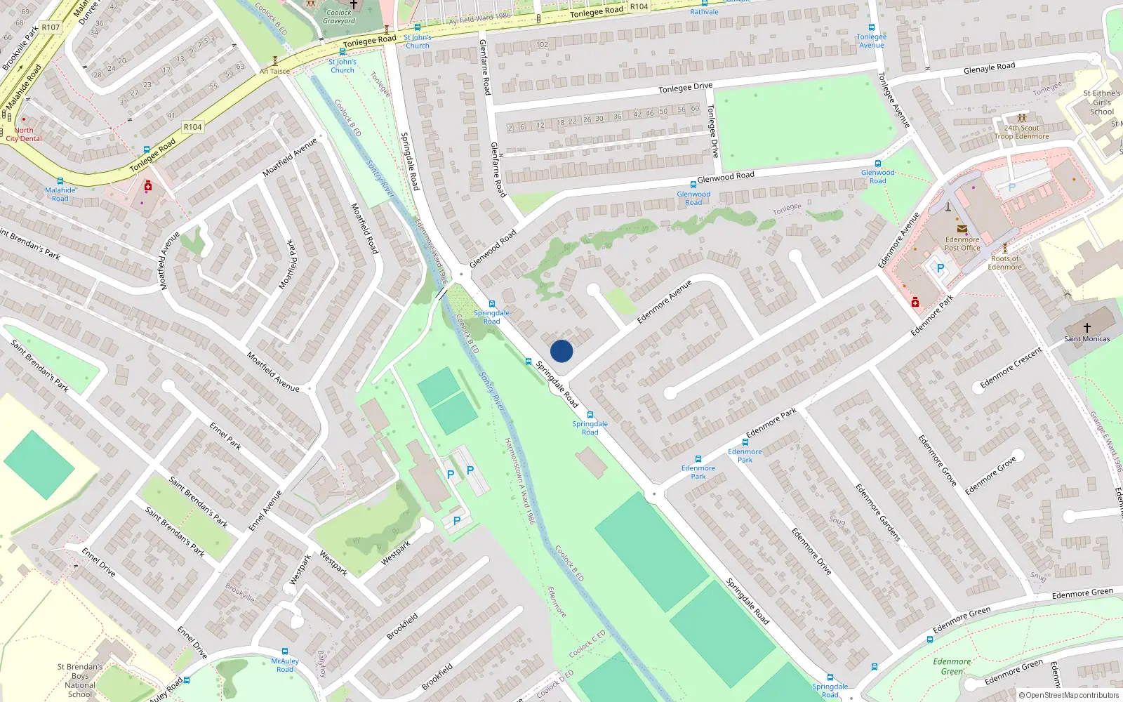 Overhead map showing the location of 156 Springdale Road, Dublin 5