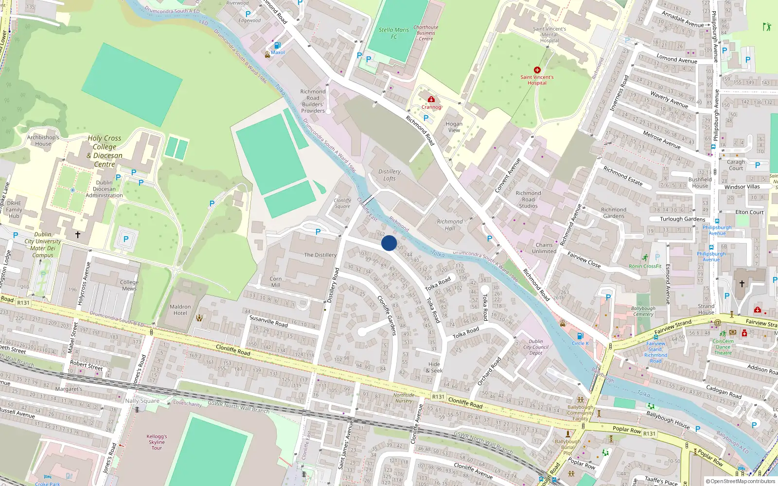 Overhead map showing the location of 156 Tolka Road, Ballybough, Dublin 3