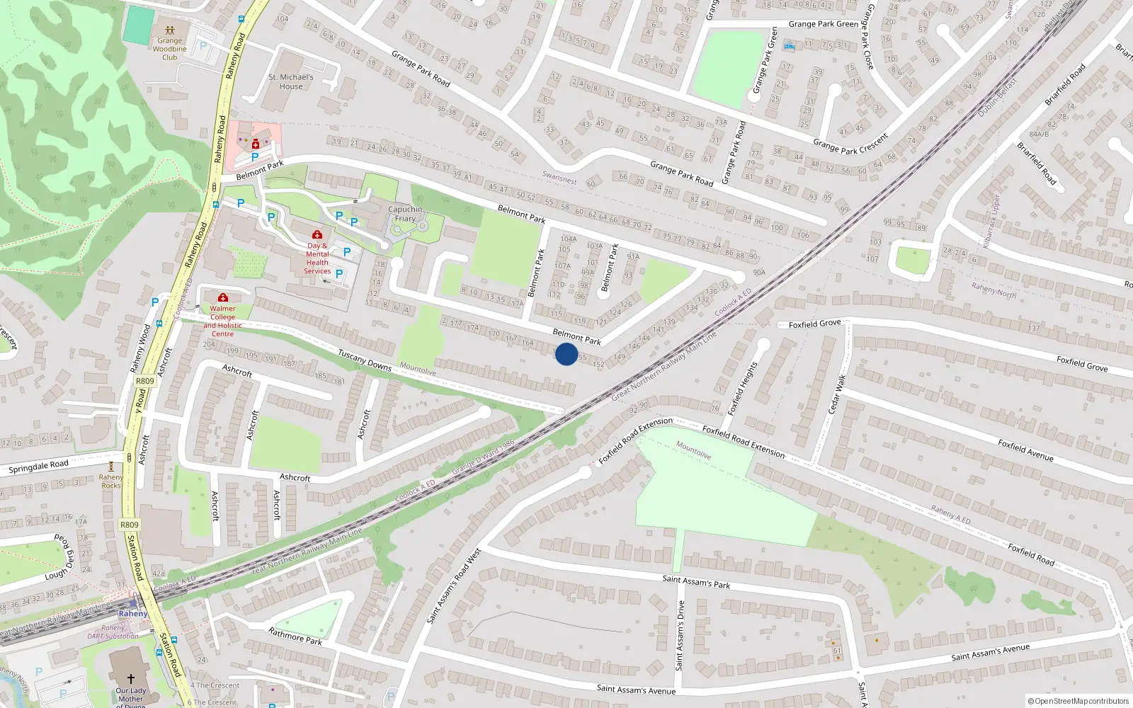 Overhead map showing the location of 157 Belmont Park, Raheny, Dublin 5