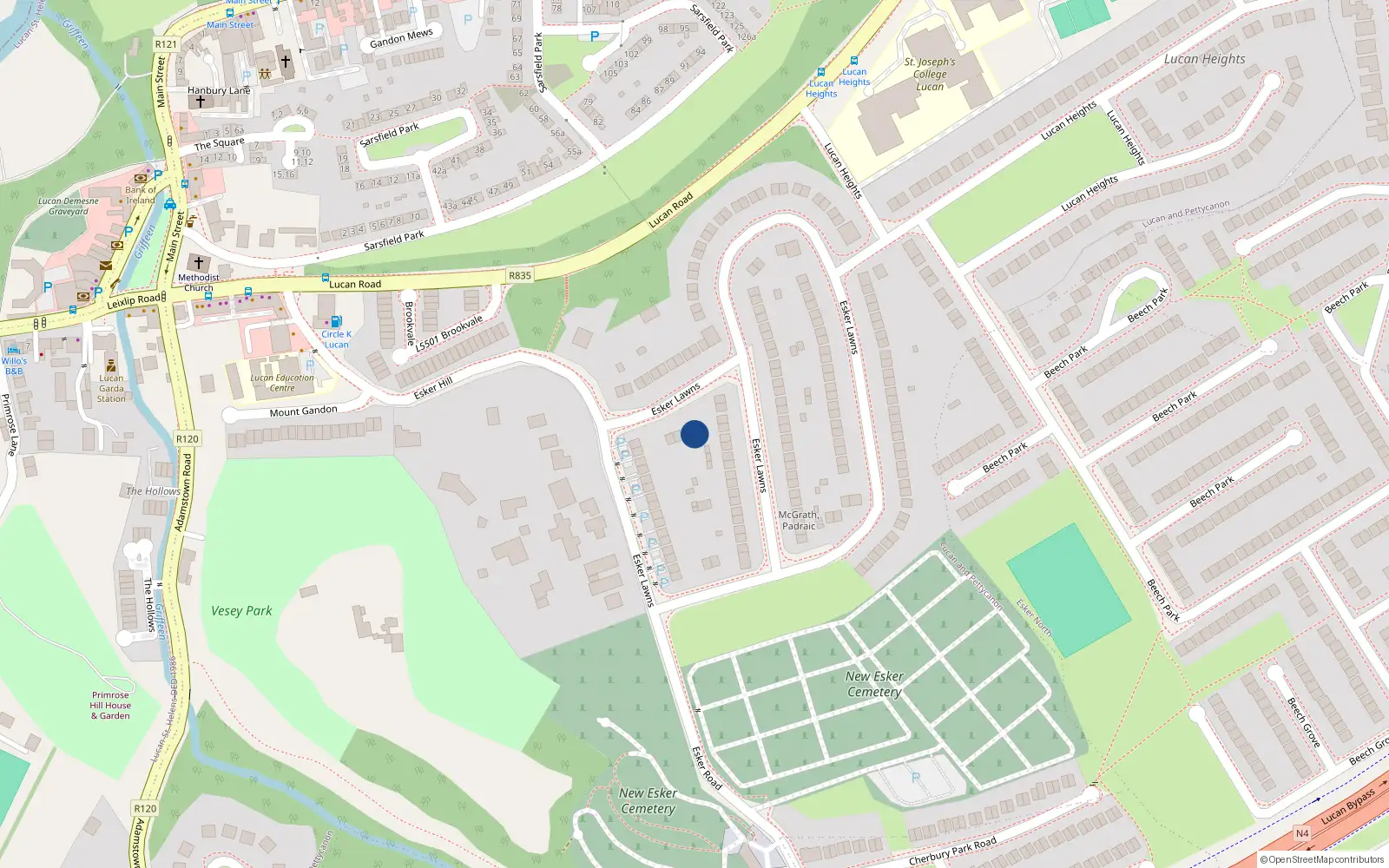 Overhead map showing the location of 157 Esker Lawns, Lucan, Dublin