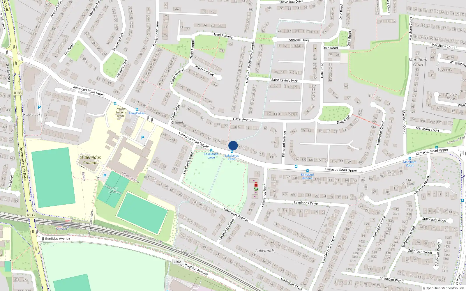 Overhead map showing the location of 157 Kilmacud Road Upper, Stillorgan, Dublin