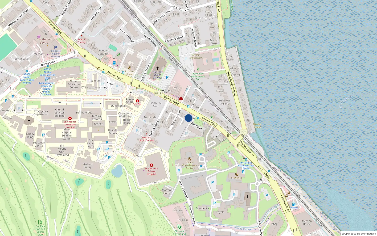 Overhead map showing the location of 157 Merrion Road, Merrion