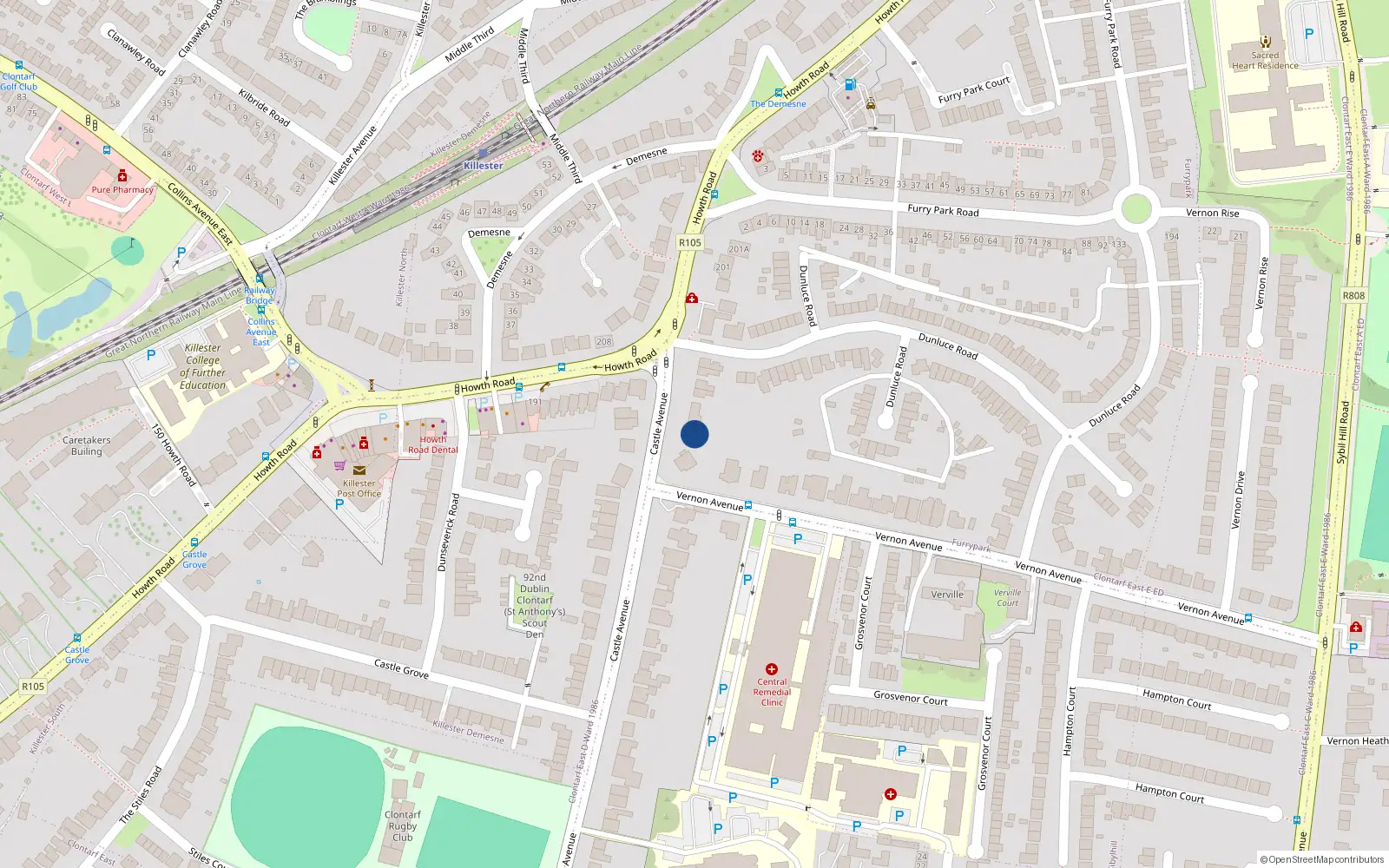 Overhead map showing the location of 158 Castle Avenue, Dublin 3