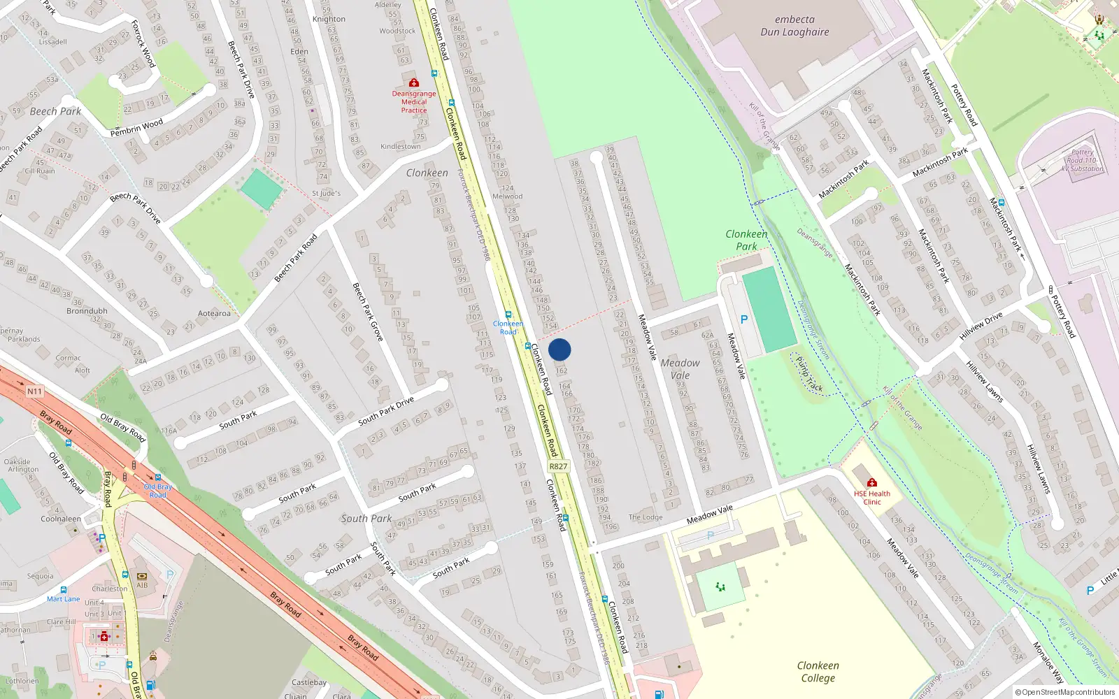 Overhead map showing the location of 158 Clonkeen Road, Blackrock
