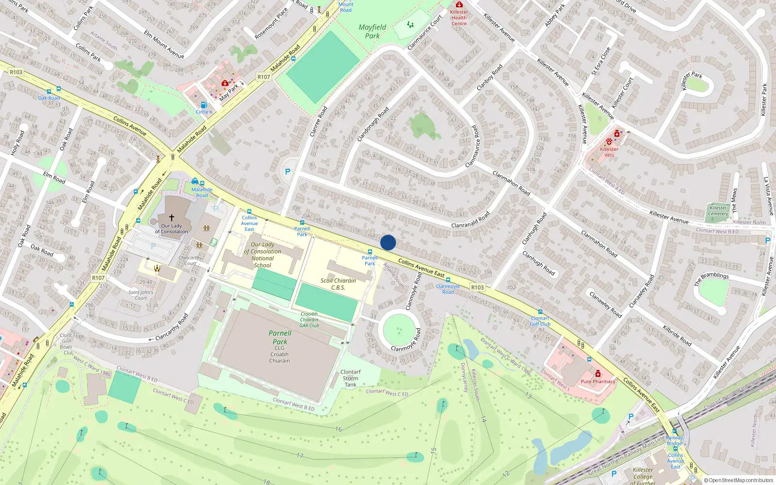 Overhead map showing the location of 158 Colins Avenue East, Donnycarney, Dublin 5
