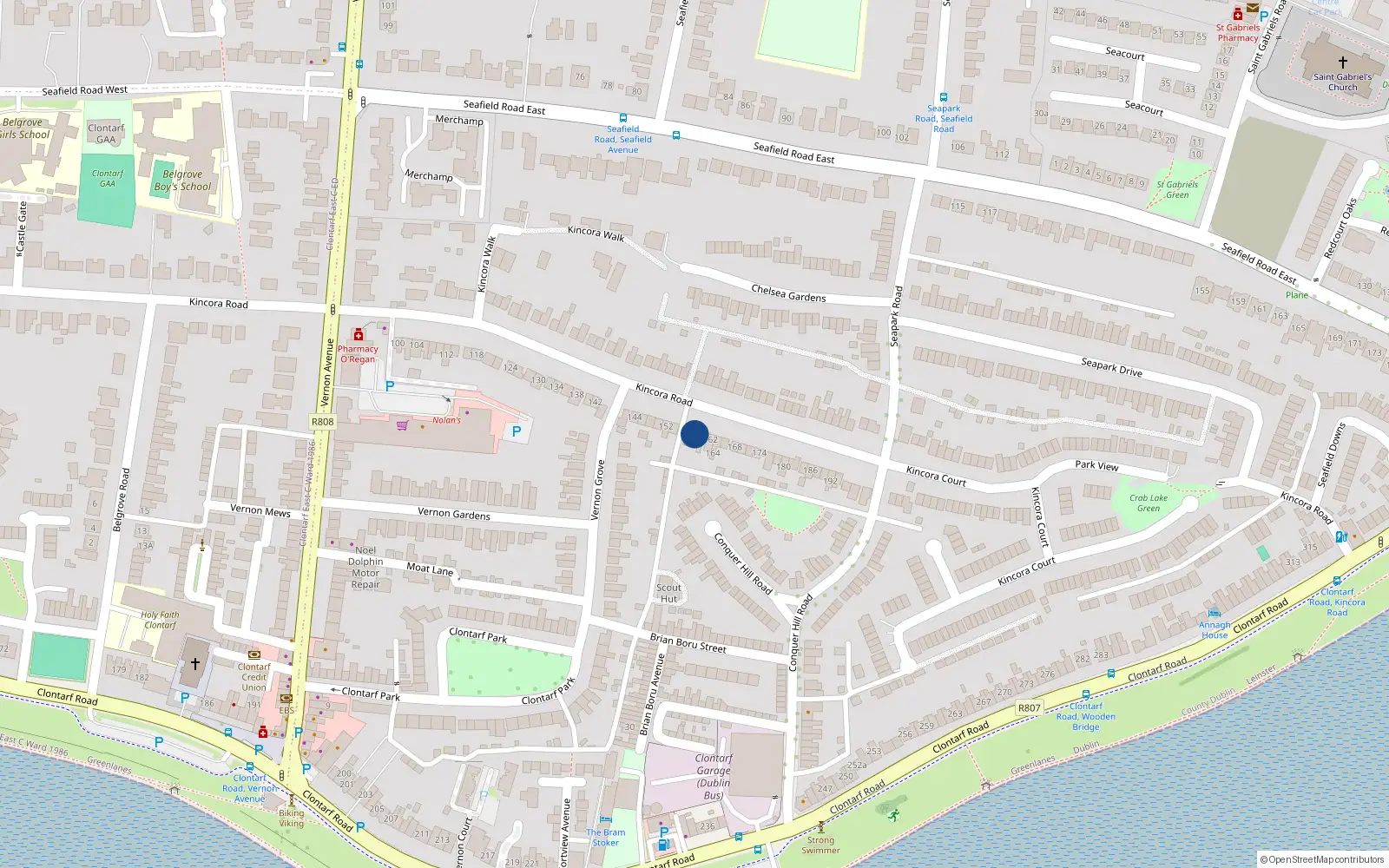 Overhead map showing the location of 158 Kincora Road, Clontarf, Dublin 3