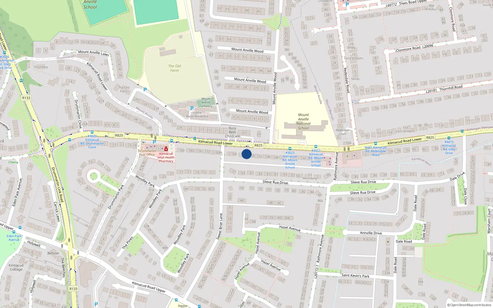 Overhead map showing the location of 158 Lower Kilmacud Road, Dublin