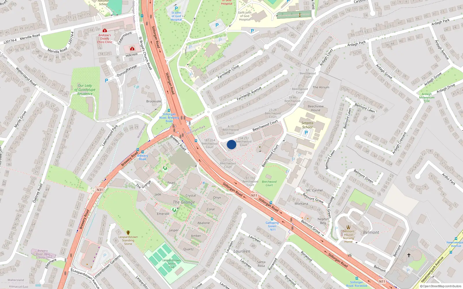 Overhead map showing the location of 159 Beechwood Court, Stillorgan
