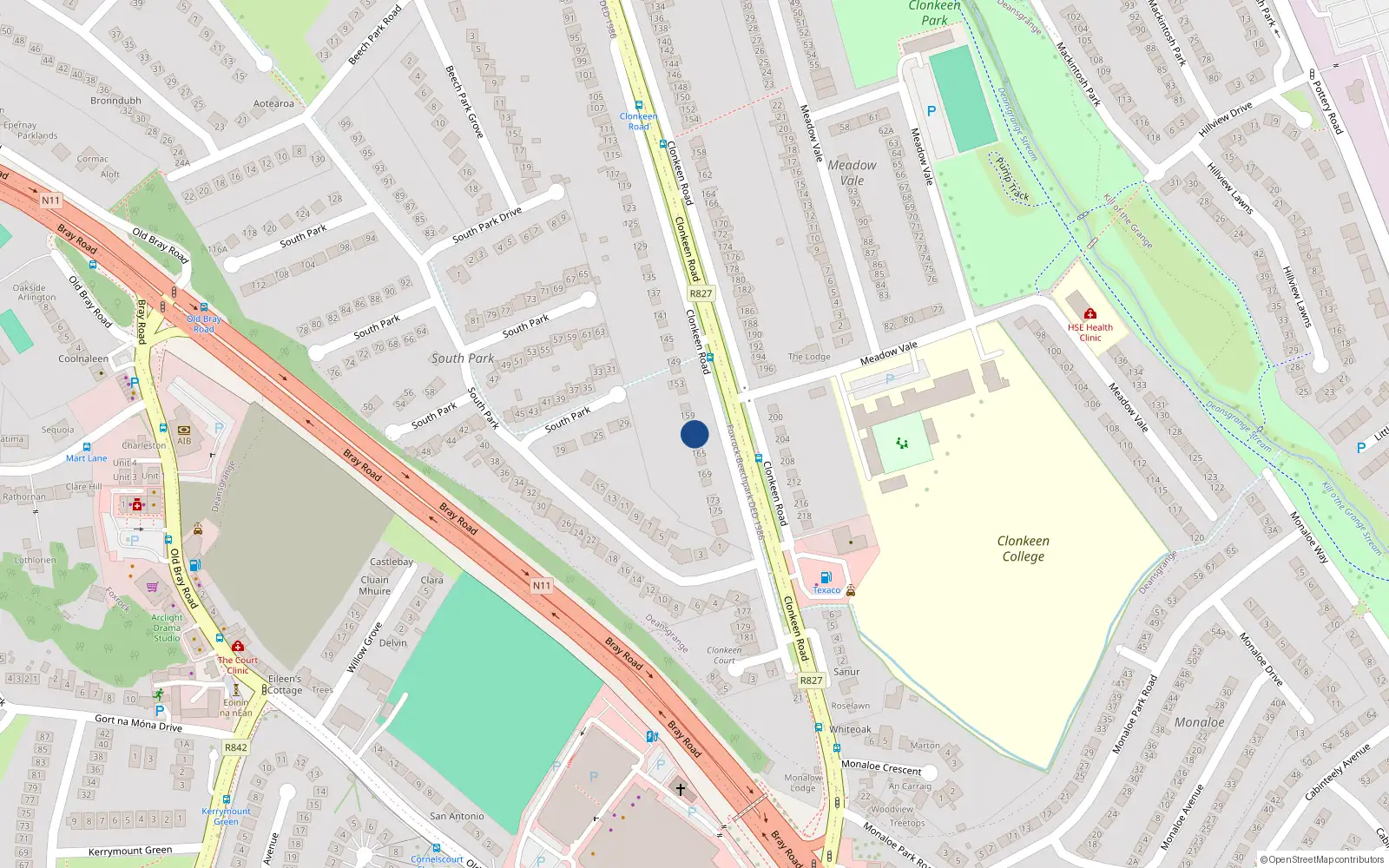 Overhead map showing the location of 159 Clonkeen Road, Blackrock