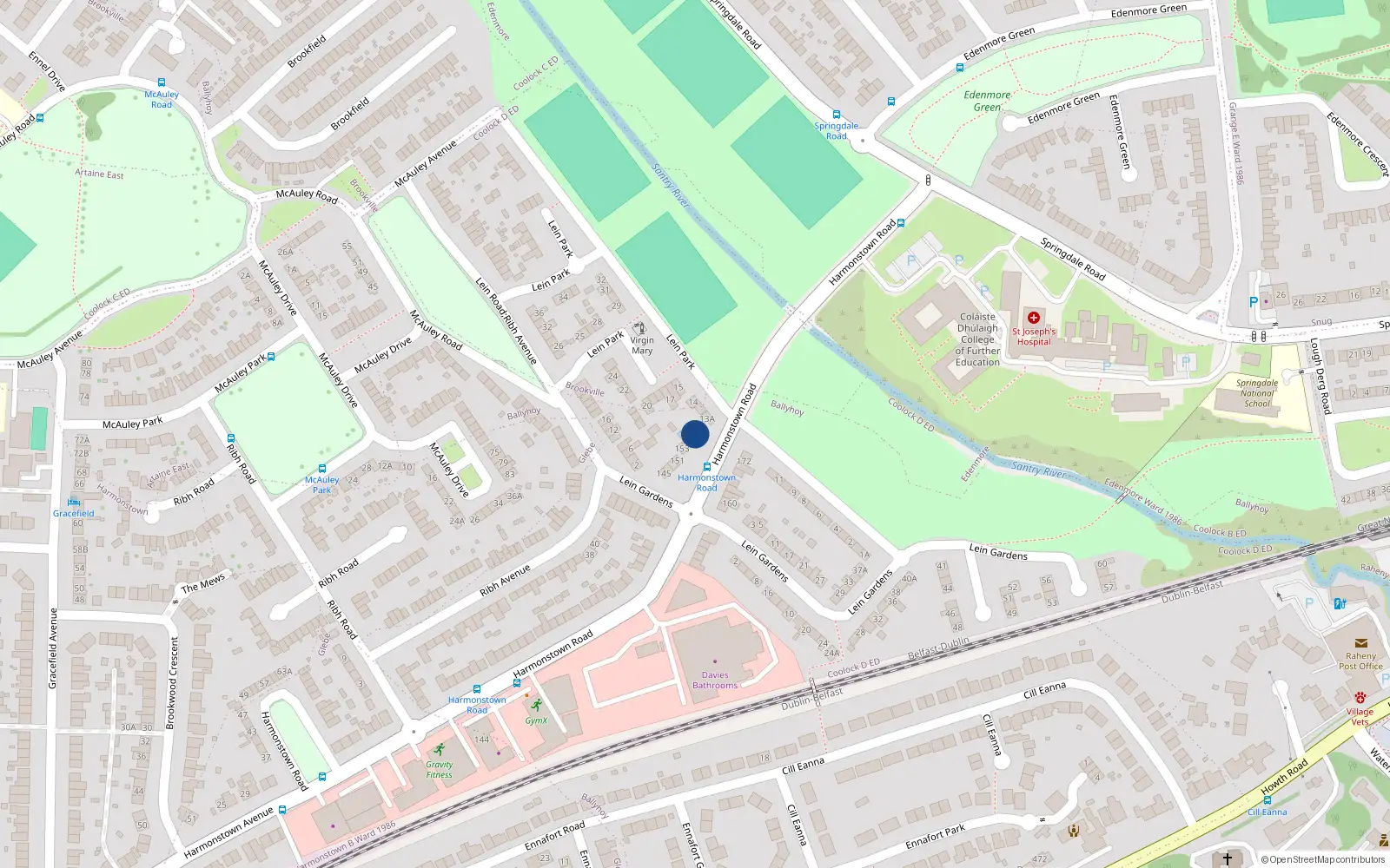 Overhead map showing the location of 159 Harmonstown Road, Artane, Dublin 5