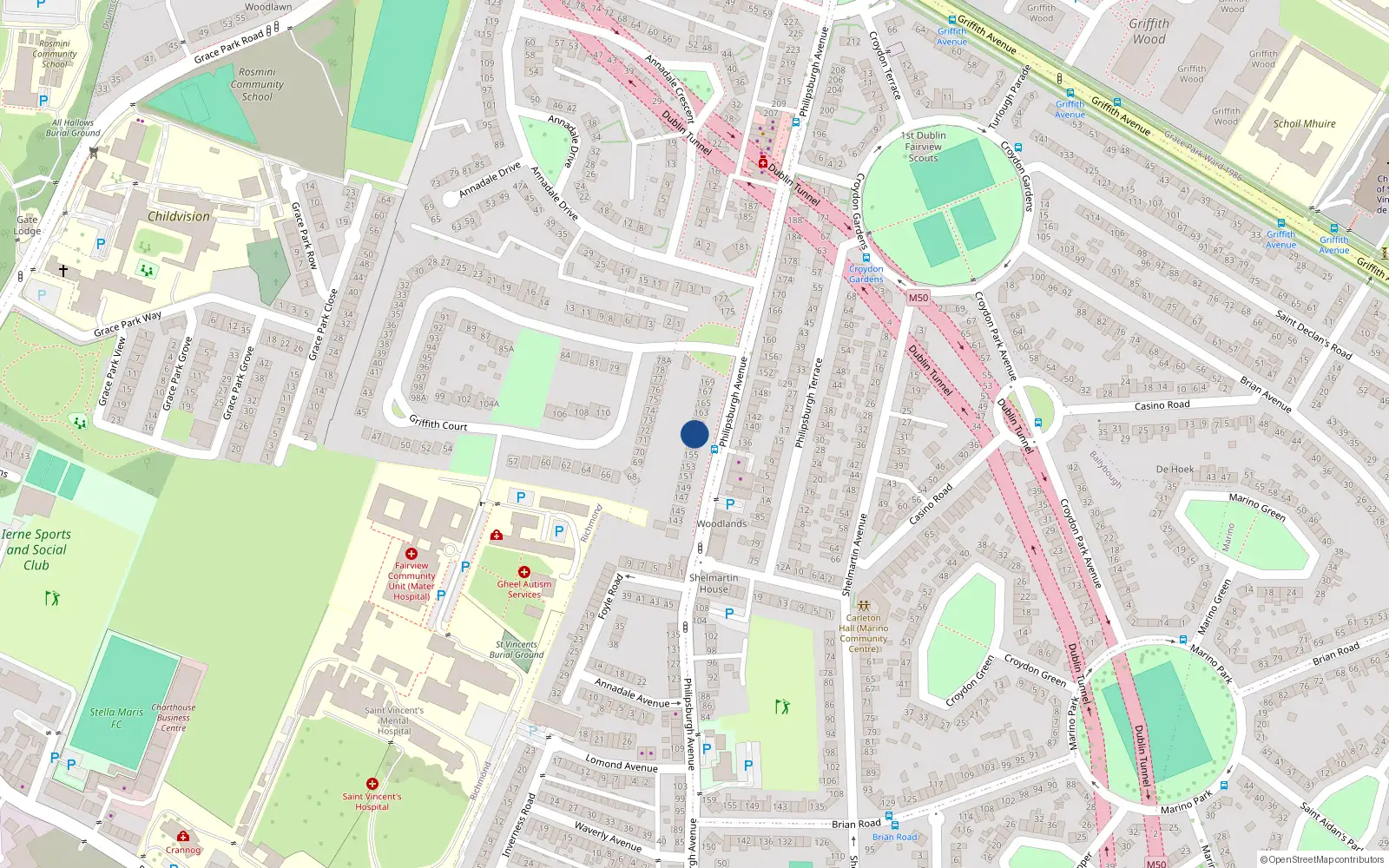 Overhead map showing the location of 159 Philipsburgh Avenue, Fairview, Dublin 3