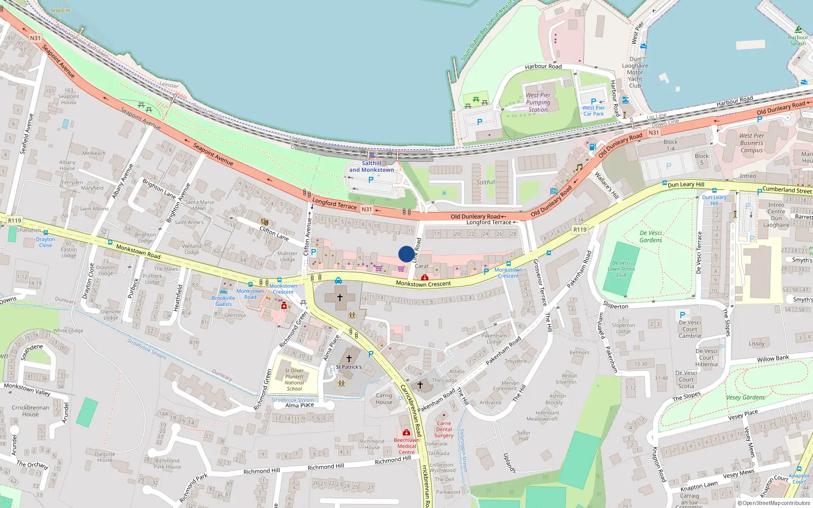 Overhead map showing the location of 15A the Mews, Longford Terrace, Monkstown