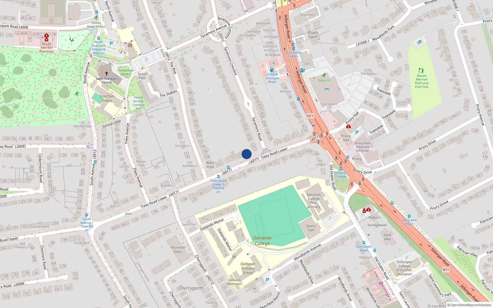 Overhead map showing the location of 15A Trees Road, Mount Merrion, Dublin