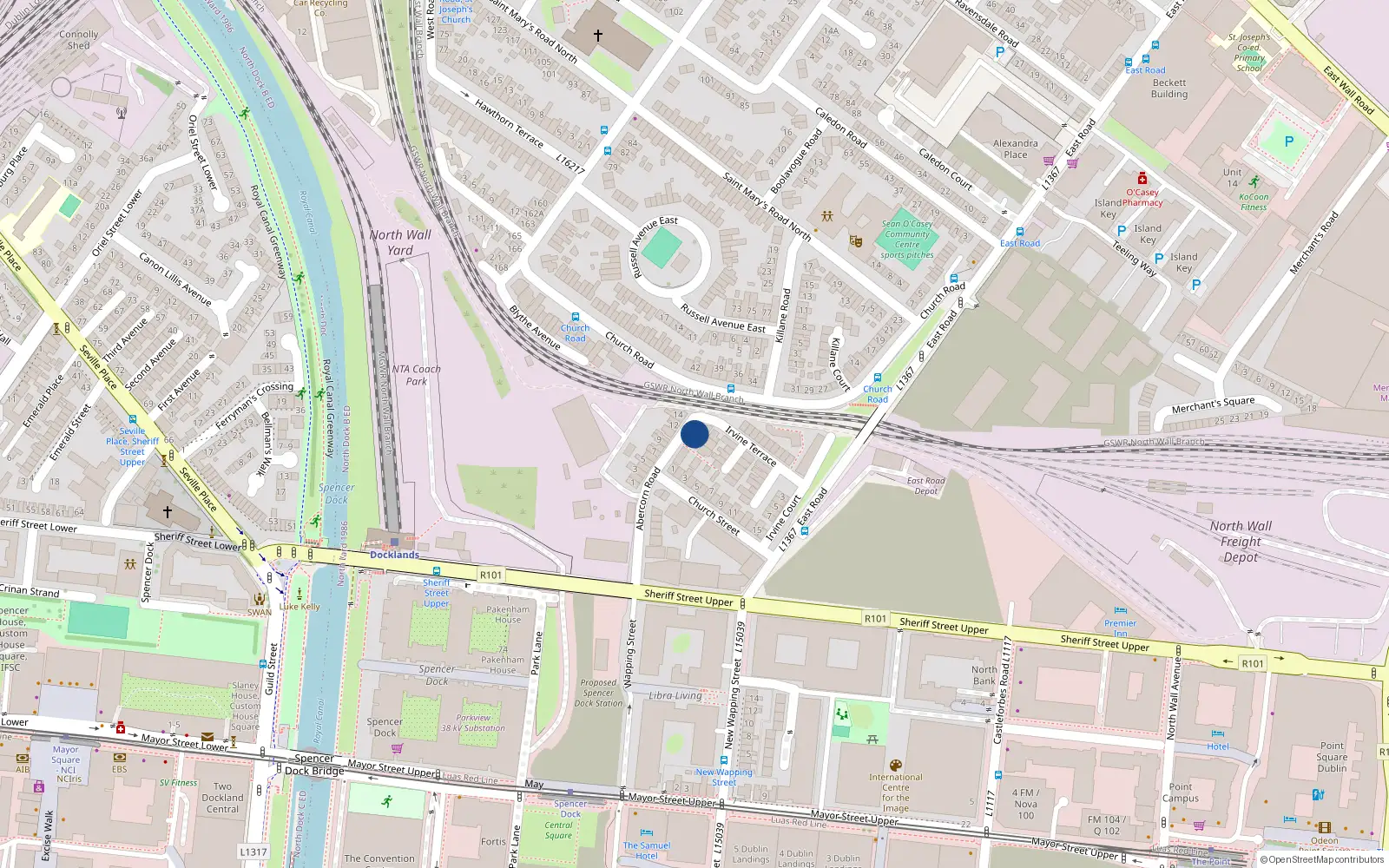 Overhead map showing the location of 15B Abercorn Road, East Wall, Dublin 3, D03 Kp97