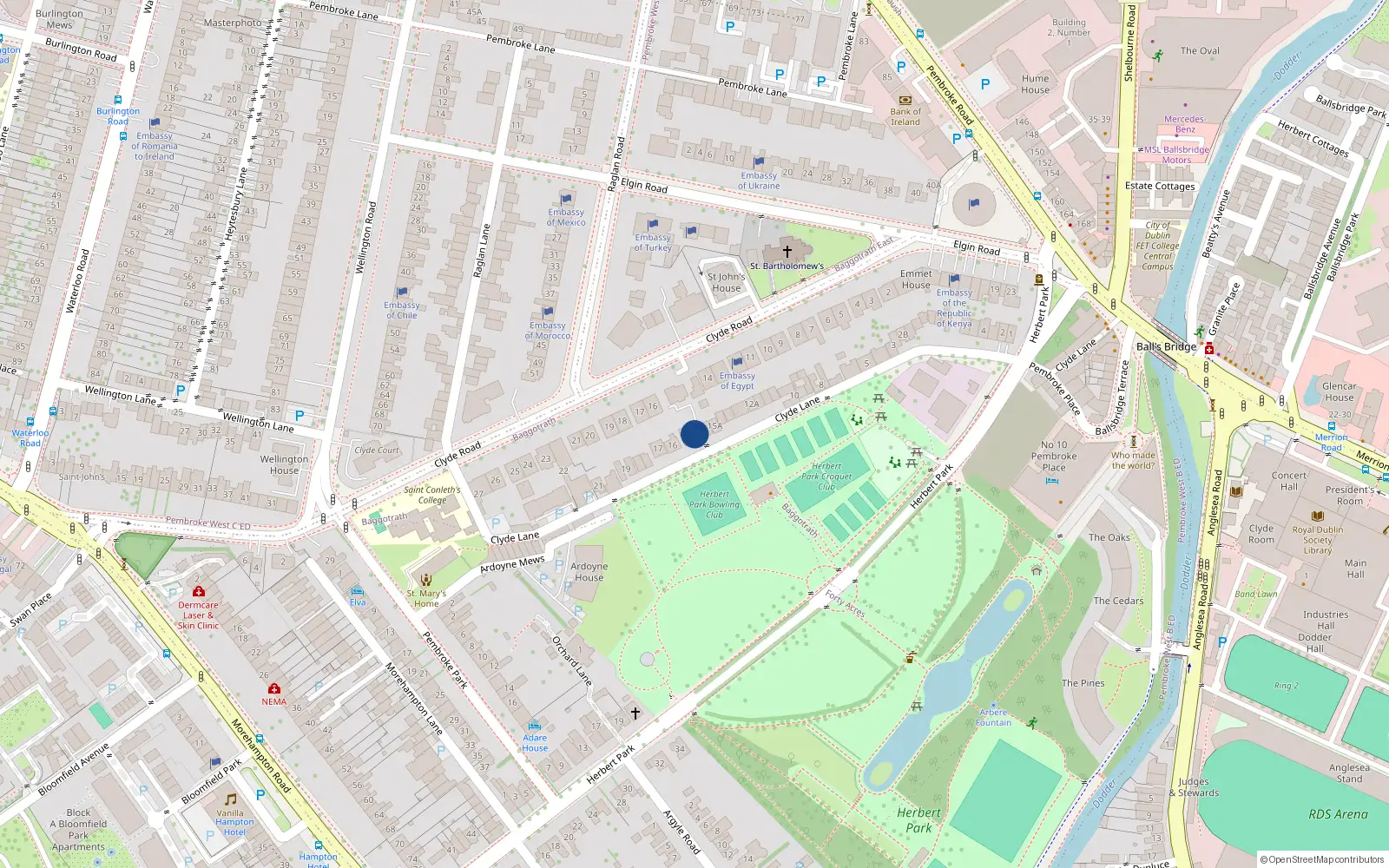 Overhead map showing the location of 15C Clyde Lane, Dublin 4
