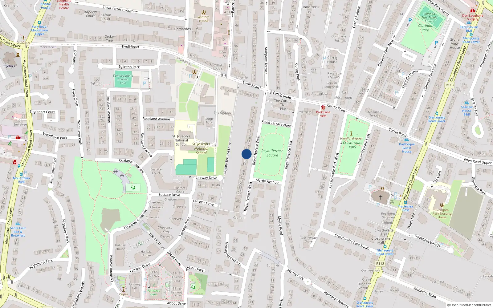 Overhead map showing the location of 15royalterracewest, Dunlaoghaire, Dublin