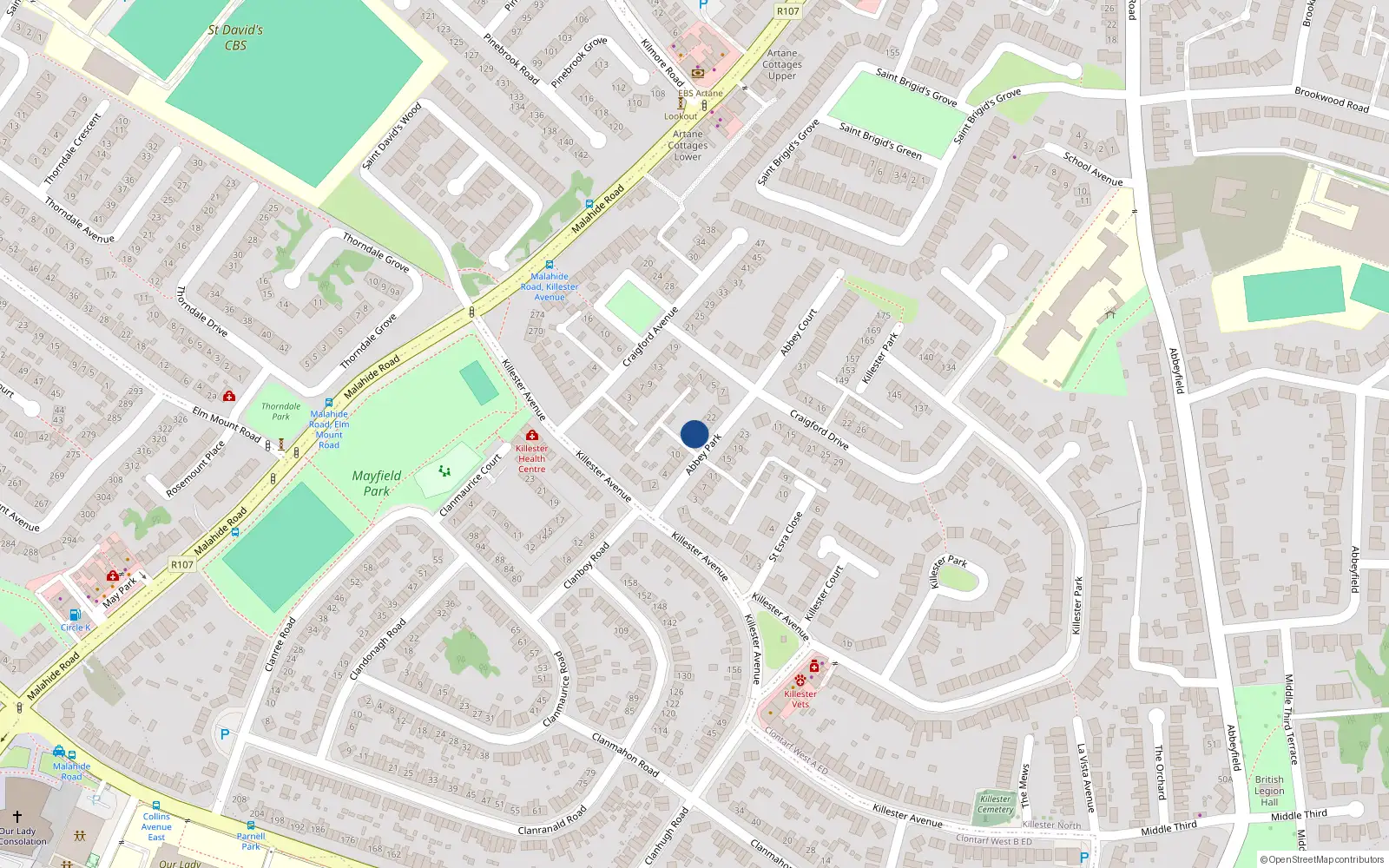 Overhead map showing the location of 16 Abbey Park, Killester, Dublin 5