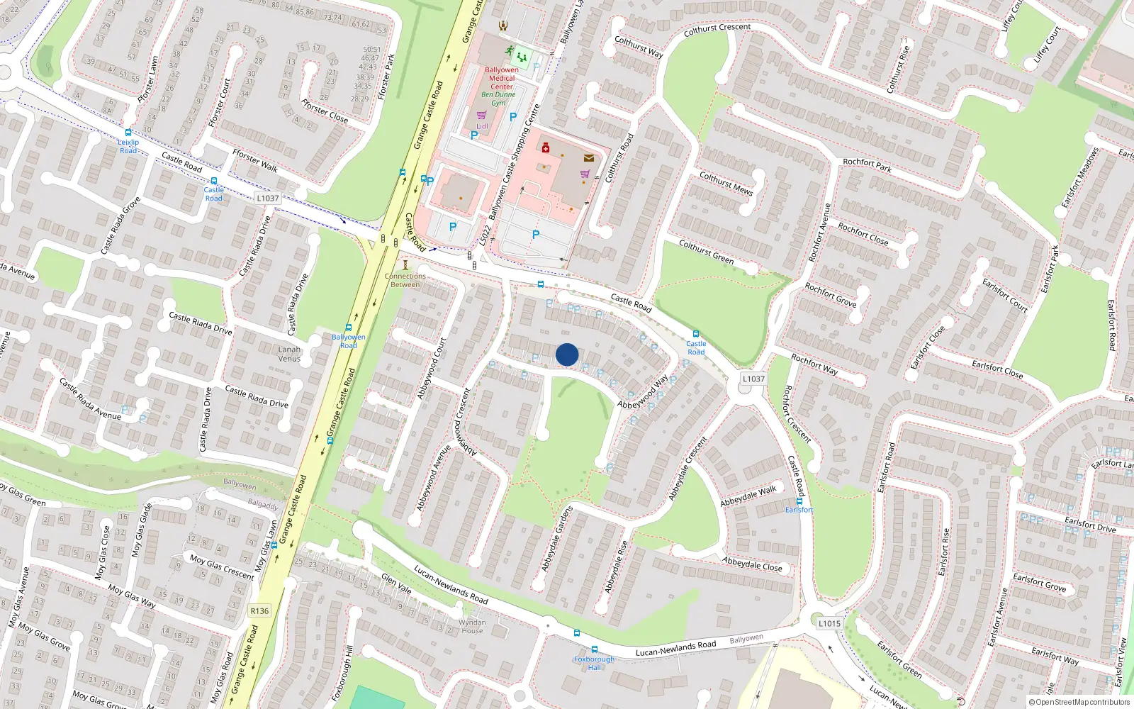 Overhead map showing the location of 16 Abbeywood Way, Lucan