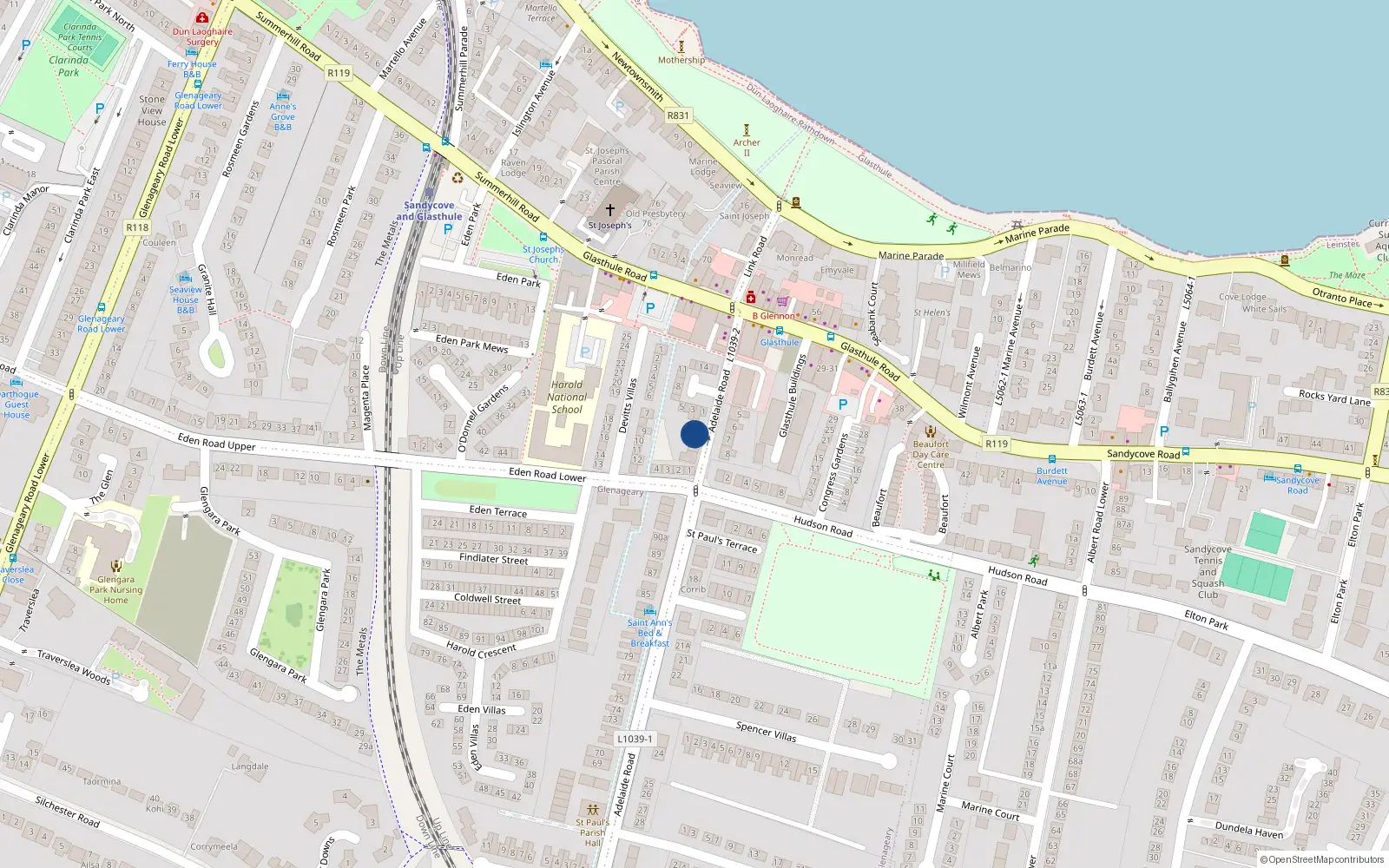 Overhead map showing the location of 16 Adelaide Road, Glasthule, Sandycove