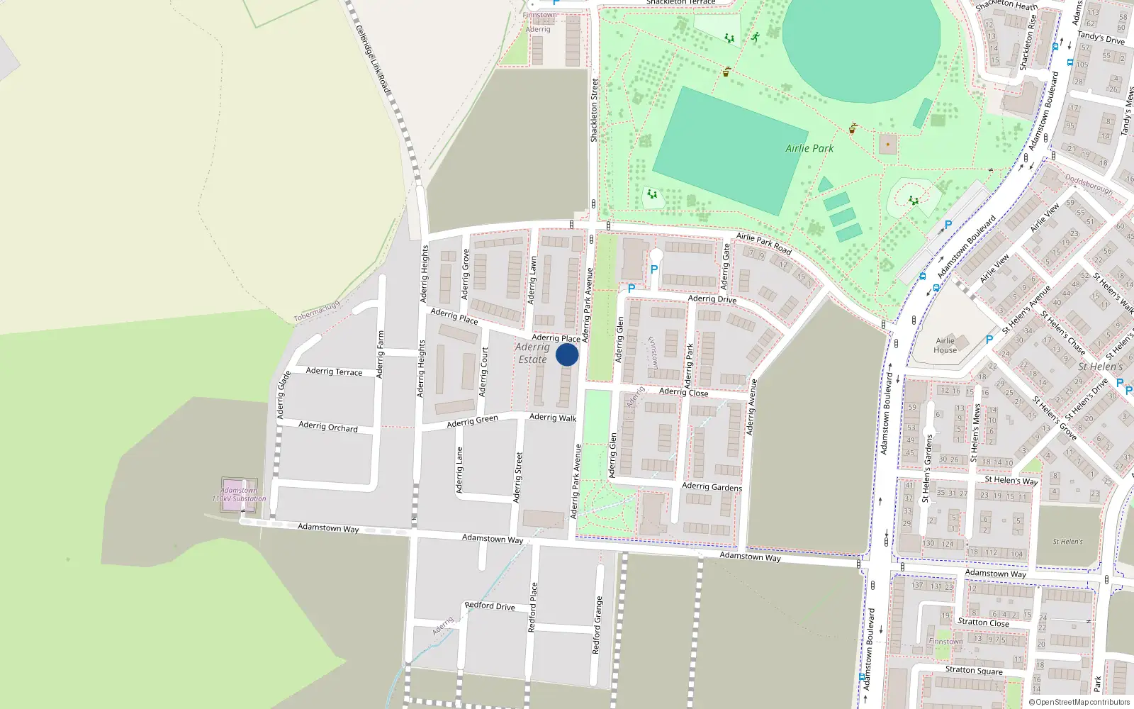 Overhead map showing the location of 16 Aderrig Park Avenue, Adamstown, Lucan