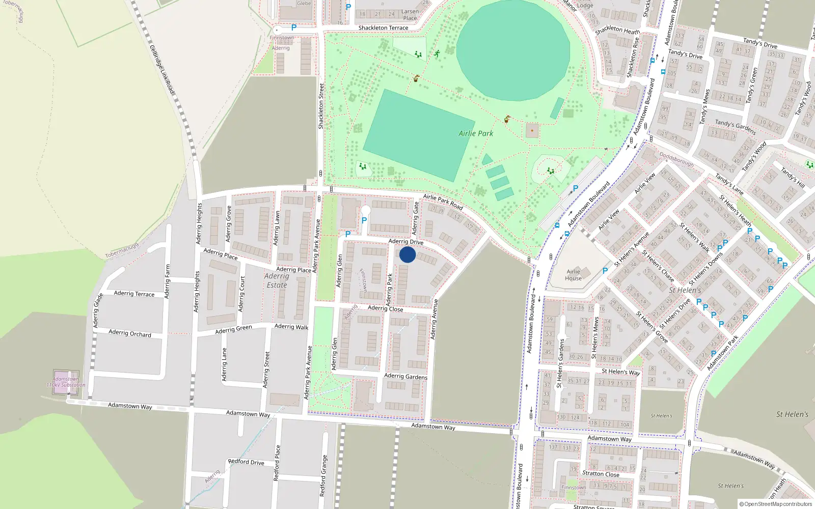 Overhead map showing the location of 16 Aderrig Drive, Lucan