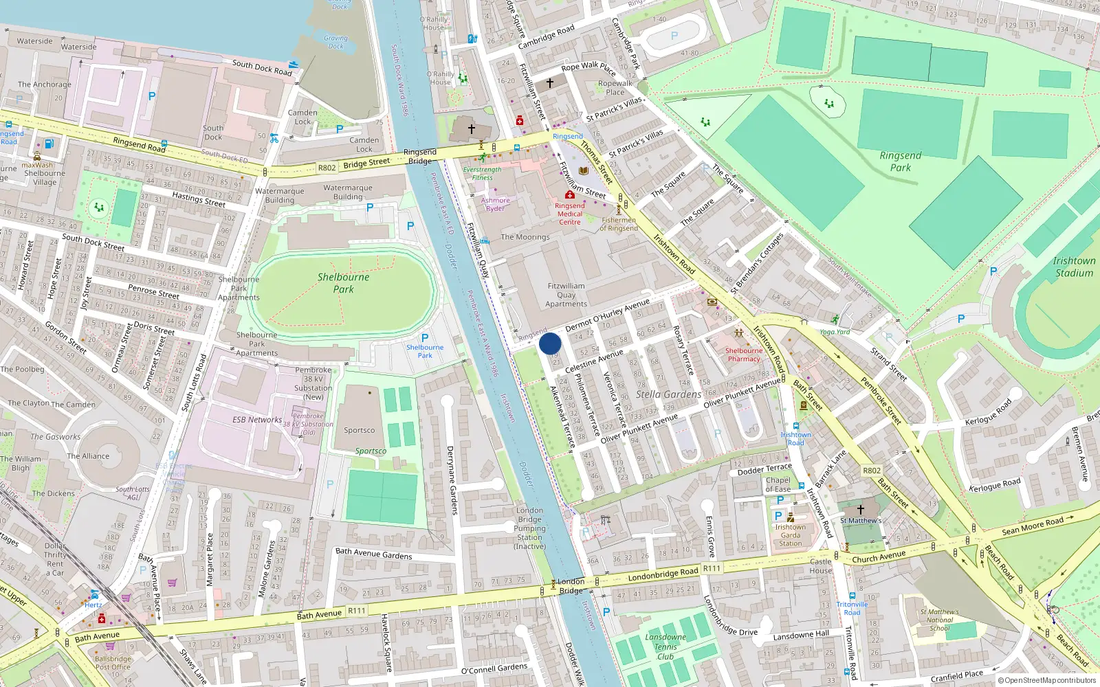 Overhead map showing the location of 16 Aikenhead Terrace, Irishtown