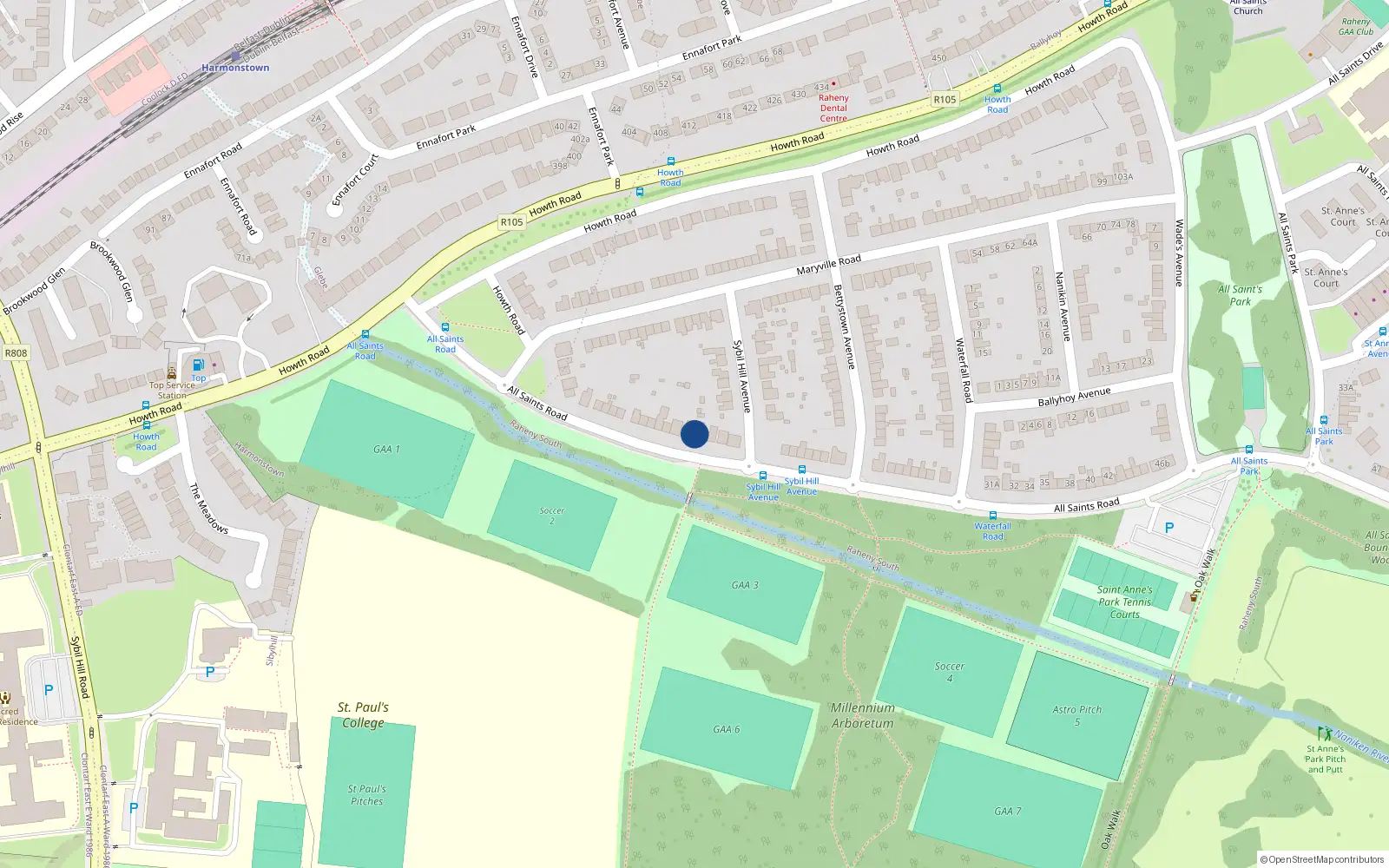 Overhead map showing the location of 16 All Saints Road, Raheny, Dublin 5