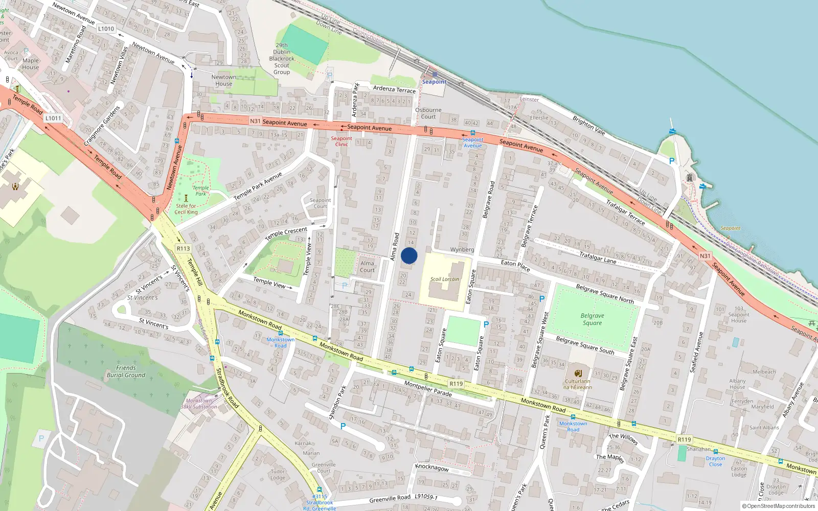 Overhead map showing the location of 16 Alma Road, Monkstown
