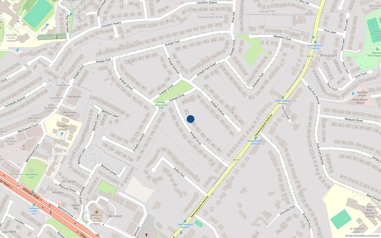 Overhead map showing the location of 16 Ardagh Drive, Blackrock