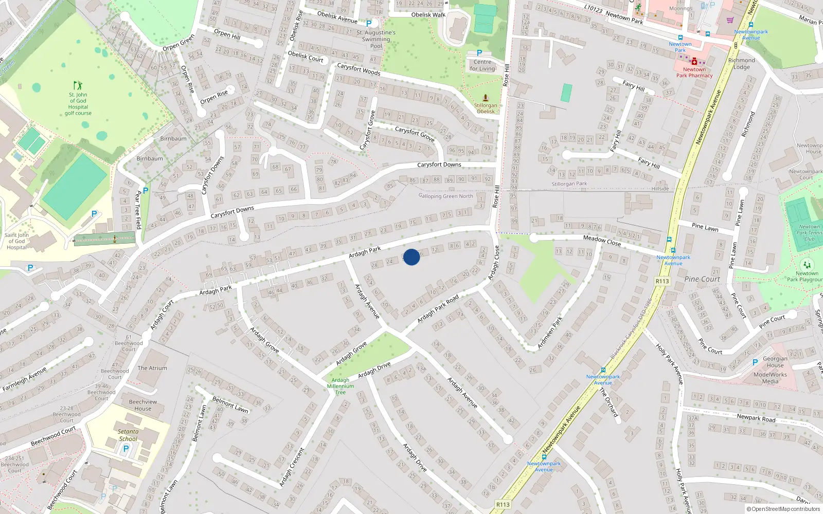Overhead map showing the location of 16 Ardagh Park, Blackrock