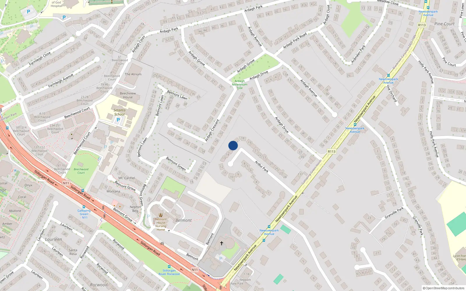 Overhead map showing the location of 16 Ardlui Park, Blackrock