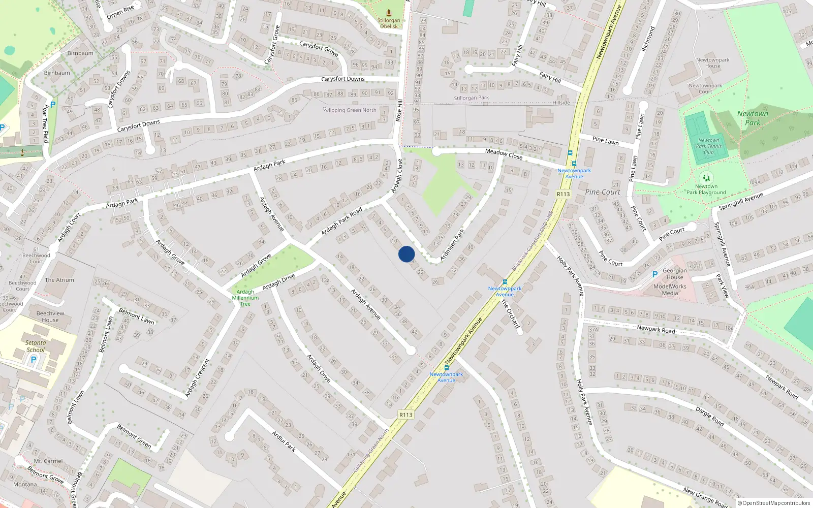 Overhead map showing the location of 16 Ardmeen Park, Blackrock