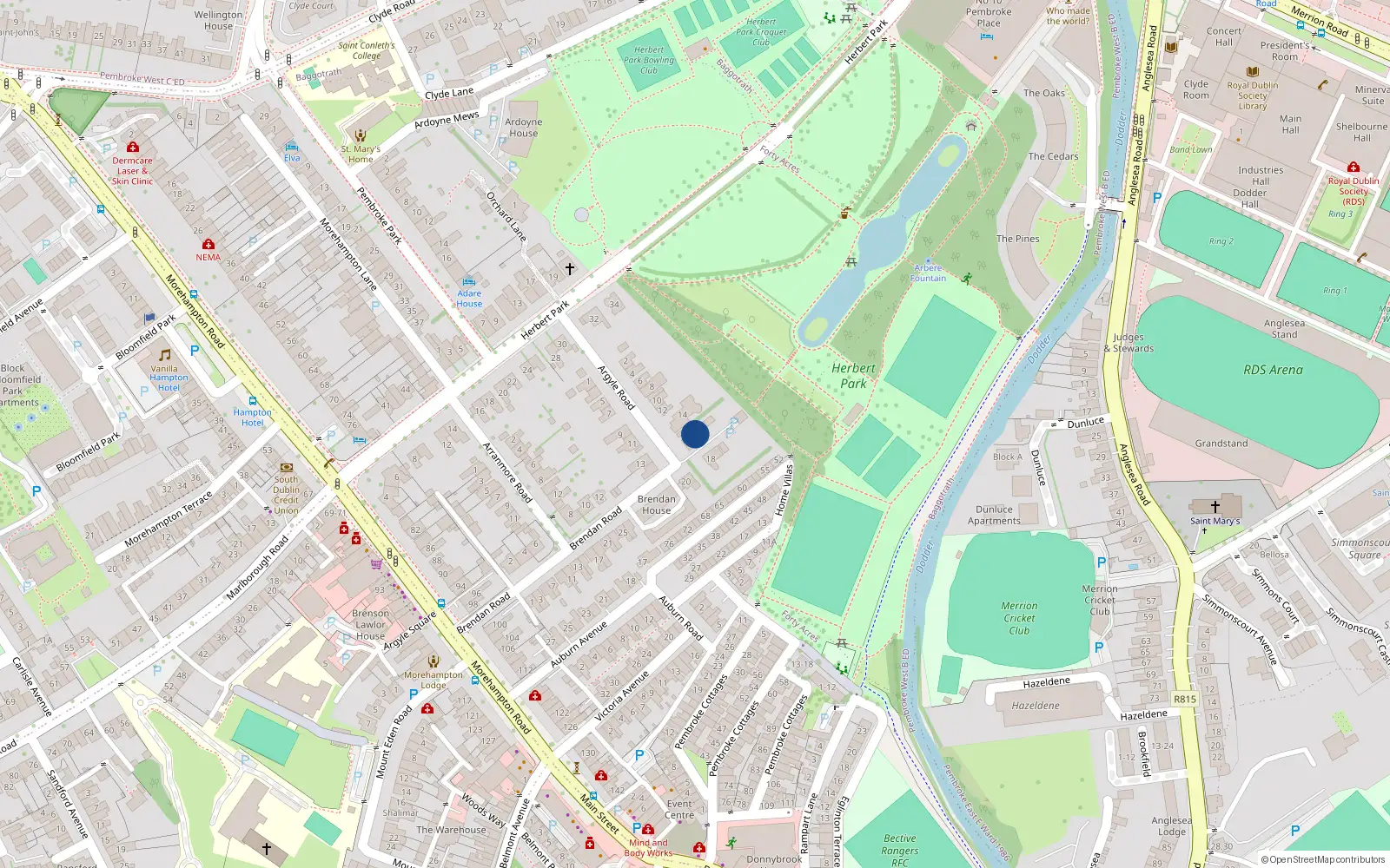 Overhead map showing the location of 16 Argyle Road, Ballsbridge